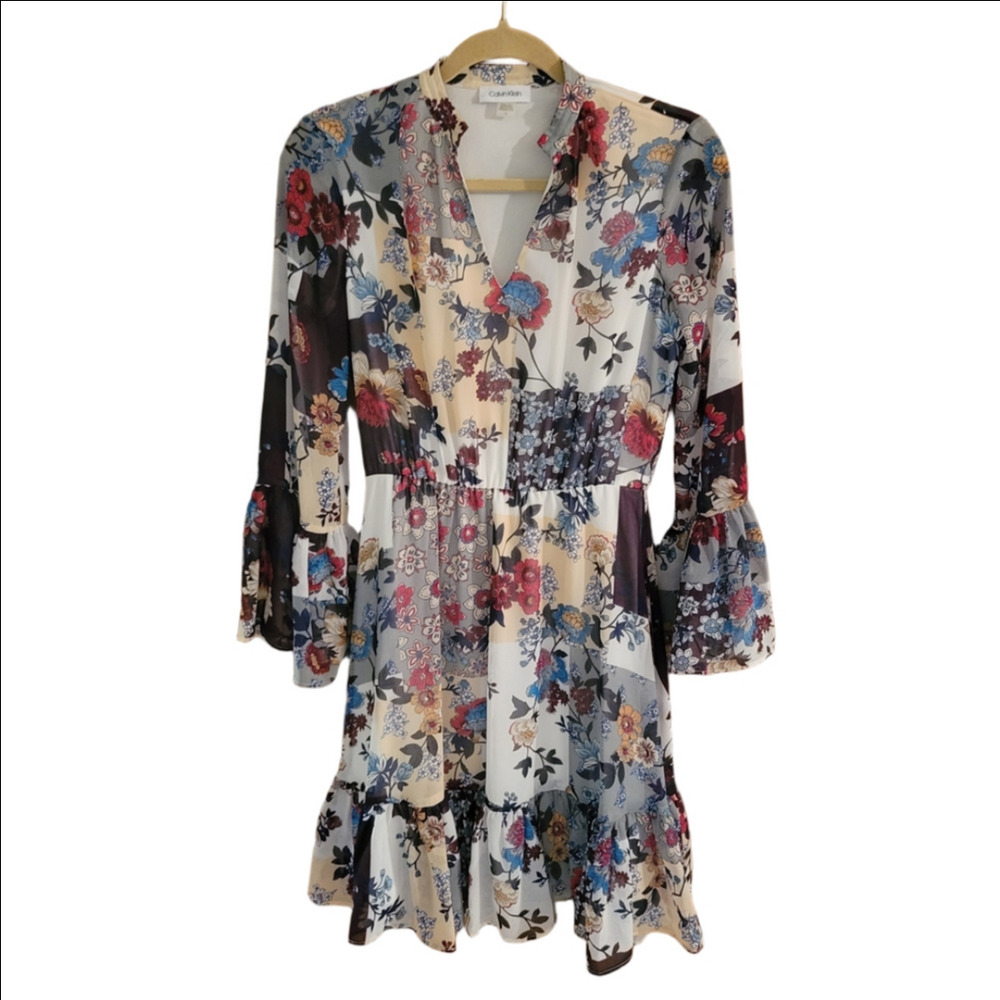 Calvin Klein Patchwork Boho Floral V-Neck Dress 2 Fall Teacher Fit Flare - Picture 2 of 6